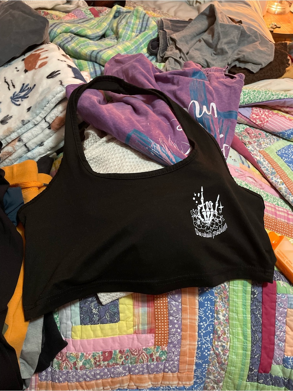 Black Graphic Sport Bra with White Print
